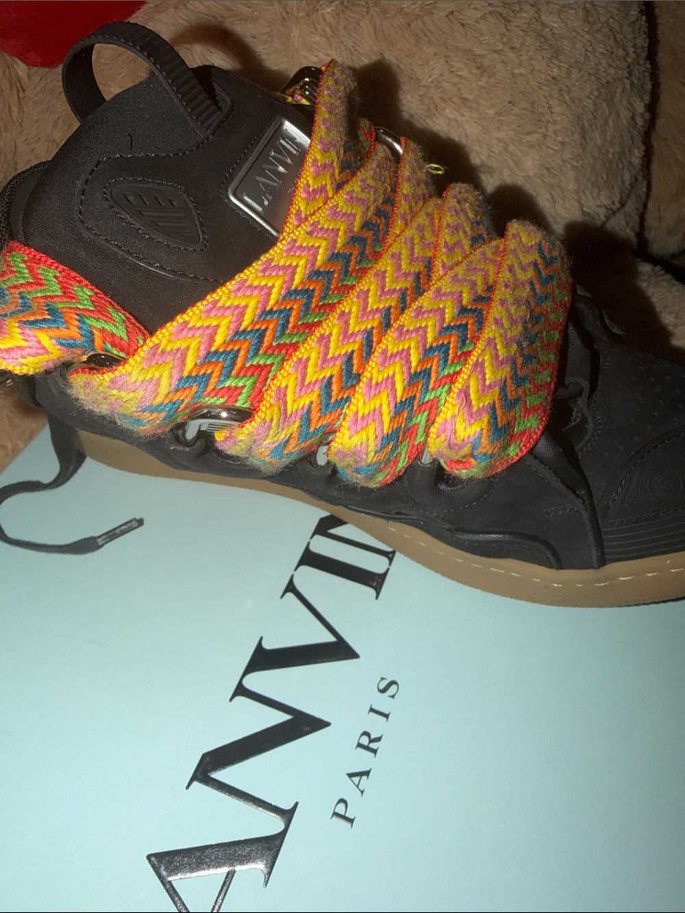 Lanvin Black High-Top Sneaker with Neon Multicolor Woven Laces